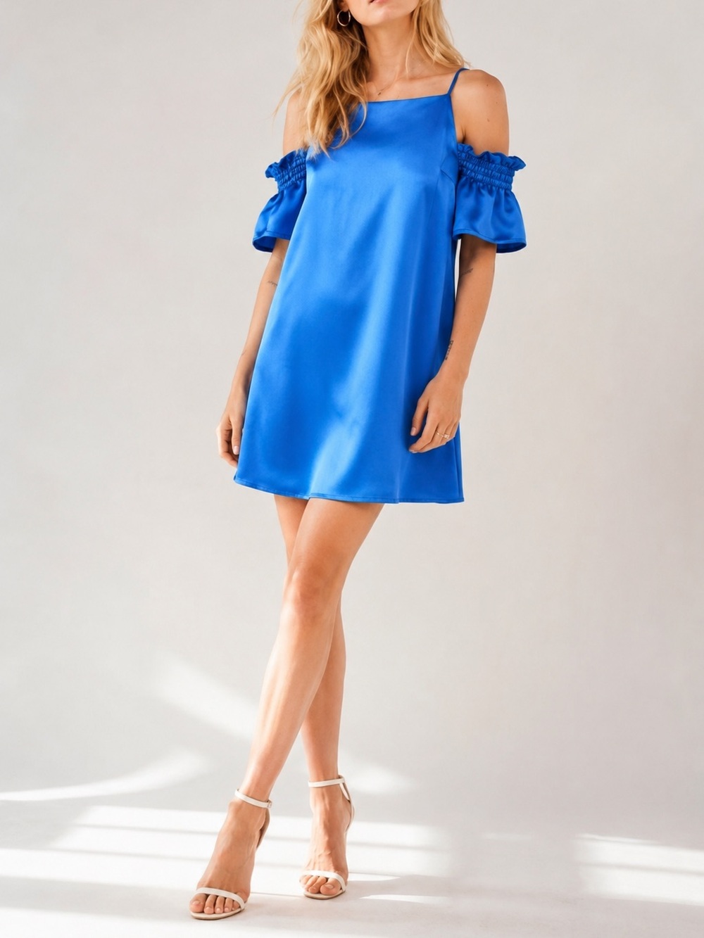 Urban Outfitters Kimchi Blue Satin Off Shoulder Mini Dress XS Blue Cocktail